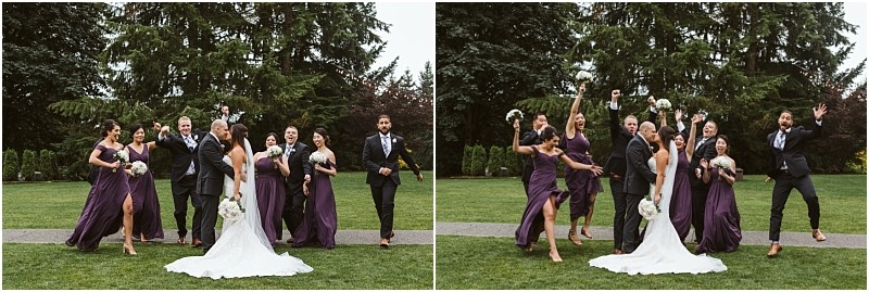 Premier snohomish & seattle wedding photographer | gsquared weddings photography a bride and groom walk outdoors with their wedding party dressed in purple dresses and dark suits laughing and celebrating together on a green lawn with tall treesa perfect snohomish seattle wedding moment | serving snohomish seattle                   & beyond