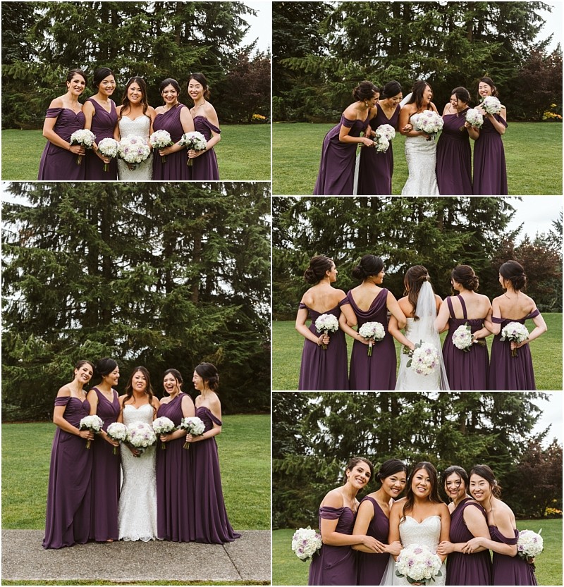 Premier snohomish & seattle wedding photographer | gsquared weddings photography a bride in a white dress and veil poses with four bridesmaids in matching purple dresses holding white bouquets smiling and laughing together outdoors at a beautiful snohomish seattle wedding with trees and grass in the background | serving snohomish seattle                   & beyond