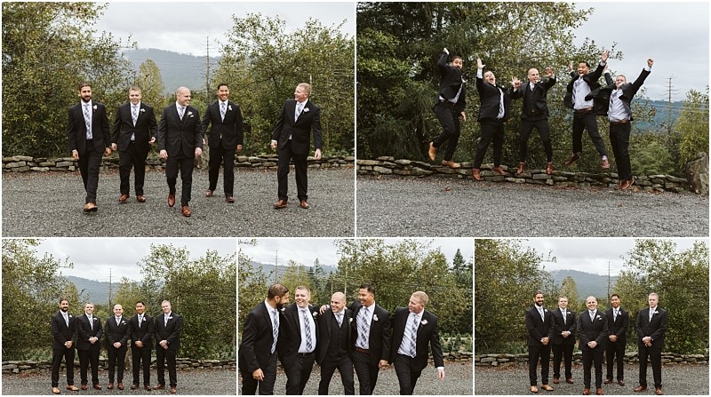 Premier snohomish & seattle wedding photographer | gsquared weddings photography a collage of five photos shows four men in suits and ties outdoors at a snohomish seattle wedding They walk and laugh together pose formally and jump in the air with trees and mountains in the background | serving snohomish seattle                   & beyond
