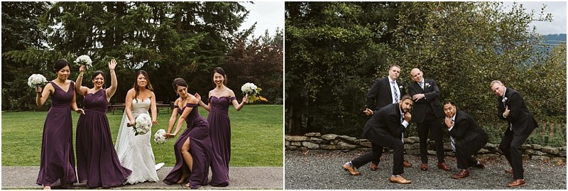 Premier snohomish & seattle wedding photographer | gsquared weddings photography two side by side photos on the left five women in purple dresses and a bride in white pose playfully outdoors at a snohomish seattle wedding on the right five men in suits strike fun exaggerated poses by a stone wall and trees | serving snohomish seattle                   & beyond