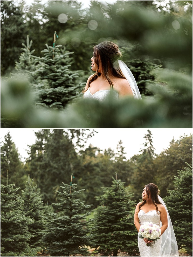 Premier snohomish & seattle wedding photographer | gsquared weddings photography a bride in a strapless white gown and veil stands among pine trees holding a bouquet and smiling surrounded by lush greenery in this enchanting snohomish outdoor wedding setting near seattle | serving snohomish seattle                   & beyond