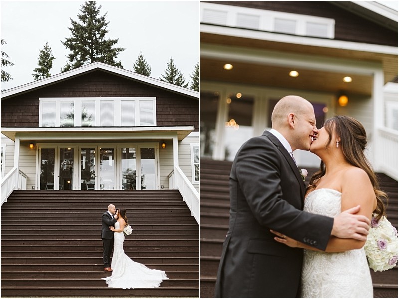 Premier snohomish & seattle wedding photographer | gsquared weddings photography a bride and groom stand close together on outdoor steps in front of a large house in a second closer photo from their snohomish wedding they smile and kiss while dressed in elegant seattle wedding attire | serving snohomish seattle                   & beyond