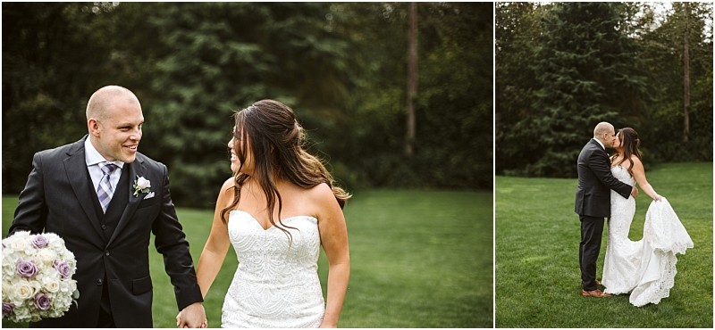 Premier snohomish & seattle wedding photographer | gsquared weddings photography a snohomish bride and groom hold hands smiling at each other with lush greenery behind them In a second image they embrace on the grass the bride lifting her dress as they share a joyful moment outdoors during their seattle wedding | serving snohomish seattle                   & beyond