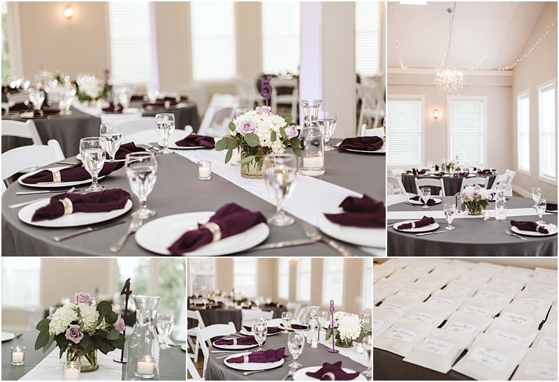 Premier snohomish & seattle wedding photographer | gsquared weddings photography collage showing an elegant snohomish wedding reception setup with round tables covered in gray cloths purple napkins floral centerpieces and glassware One image highlights neatly arranged place cards White chairs surround the tables | serving snohomish seattle                   & beyond