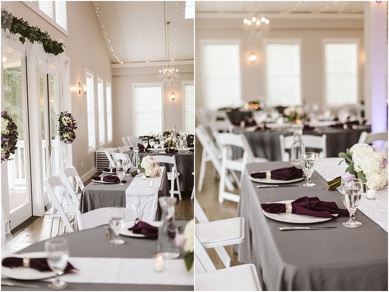 Premier snohomish & seattle wedding photographer | gsquared weddings photography elegant snohomish wedding reception hall with white chairs gray tablecloths purple napkins and floral centerpieces Large windows and string lights create a bright airy atmosphereperfect for a seattle wedding or engagement celebration | serving snohomish seattle                   & beyond