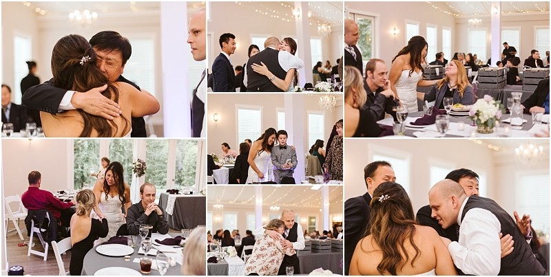 Premier snohomish & seattle wedding photographer | gsquared weddings photography a collage of candid wedding reception moments in a bright elegant snohomish venue showing guests hugging talking and sharing smiles around decorated tablescapturing the spirit of a seattle wedding engagement celebration | serving snohomish seattle                   & beyond