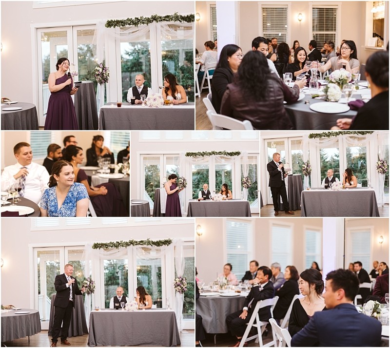 Premier snohomish & seattle wedding photographer | gsquared weddings photography a collage of snohomish wedding reception scenes shows guests seated at round tables listening to speeches near a long table where the bride and groom are seated The bright room features large windows and floral decorations | serving snohomish seattle                   & beyond