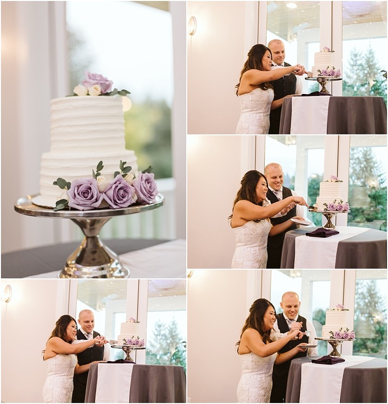 Premier snohomish & seattle wedding photographer | gsquared weddings photography a collage captures a snohomish bride and groom cutting a white wedding cake with lavender roses laughing and feeding each other The cake sits on a silver stand beautifully decorated with purple flowersa perfect seattle wedding moment | serving snohomish seattle                   & beyond