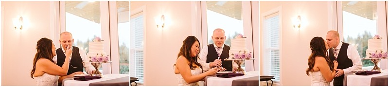 Premier snohomish & seattle wedding photographer | gsquared weddings photography a bride and groom stand together by a white wedding cake with purple flowers feeding each other cake and sharing a kiss in a bright room with large windows at their dreamy snohomish seattle wedding | serving snohomish seattle                   & beyond