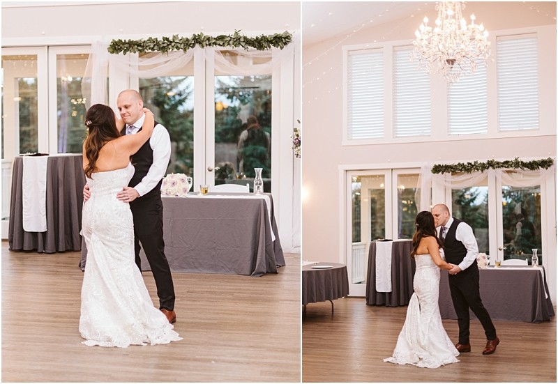 Premier snohomish & seattle wedding photographer | gsquared weddings photography a bride and groom share their first dance in a bright elegant room with large windows a chandelier and simple wedding decorations at their snohomish wedding The bride wears white and the groom is dressed in a vest and tie | serving snohomish seattle                   & beyond
