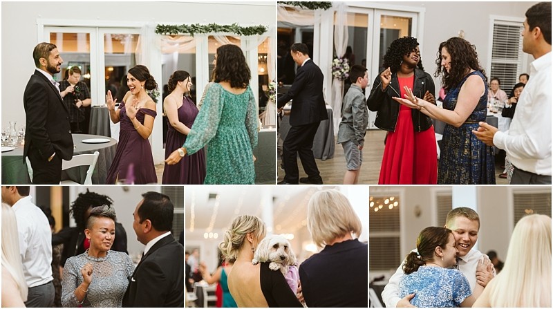 Premier snohomish & seattle wedding photographer | gsquared weddings photography a collage of snohomish wedding reception photos shows guests dancing chatting embracing and a woman holding a small white dog The atmosphere is lively with people in formal attire celebrating this joyful seattle engagement | serving snohomish seattle                   & beyond