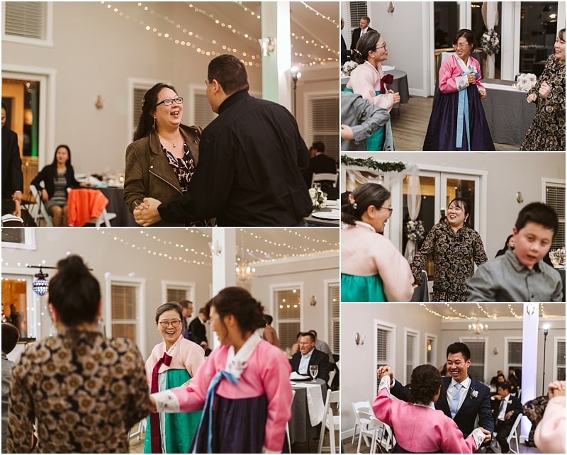 Premier snohomish & seattle wedding photographer | gsquared weddings photography a collage of snohomish seattle wedding reception moments guests smiling laughing dancing and socializing in a warmly lit venue decorated with string lights Some women wear colorful traditional korean hanboks | serving snohomish seattle                   & beyond
