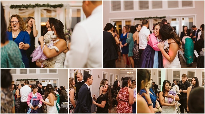 Premier snohomish & seattle wedding photographer | gsquared weddings photography a collage of snohomish wedding reception photos shows guests dancing a woman hugging the bride a dog in a dress being held and a lively crowd enjoying the celebration indoors | serving snohomish seattle                   & beyond