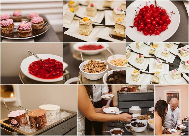Premier snohomish & seattle wedding photographer | gsquared weddings photography a collage of dessert options at a snohomish seattle wedding buffet including cupcakes cake slices cherries fruit toppings ice cream tubs and guests serving themselves at the dessert station | serving snohomish seattle                   & beyond