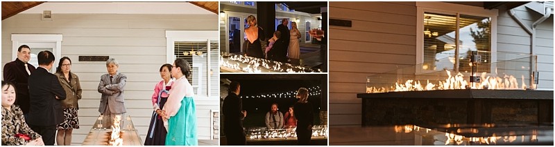 Premier snohomish & seattle wedding photographer | gsquared weddings photography a group of people in formal attire stand and chat around a rectangular outdoor fire pit near a house both during the day and at night with flames visible behind a glass barrier at a snohomish seattle wedding engagement | serving snohomish seattle                   & beyond