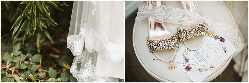 Premier snohomish & seattle wedding photographer | gsquared weddings photography close up of a lace wedding veil near greenery at a snohomish seattle wedding with jeweled bridal shoes lace jewelry and a floral invitation arranged on a round table | serving snohomish seattle                   & beyond