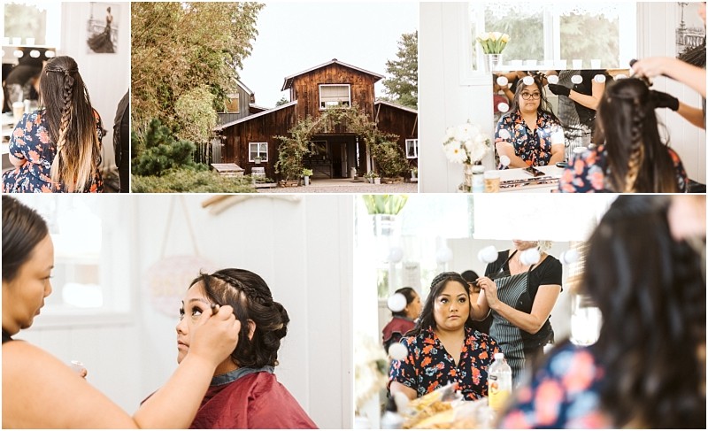 Premier snohomish & seattle wedding photographer | gsquared weddings photography a collage shows a woman getting her hair and makeup done in a bright room a rustic wooden house outdoors and beauty preparations for a special snohomish or seattle wedding event | serving snohomish seattle                   & beyond