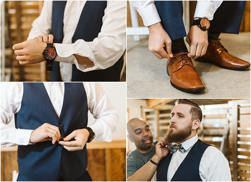 Premier snohomish & seattle wedding photographer | gsquared weddings photography a man in a navy suit gets ready for a snohomish seattle wedding adjusting his watch shoes vest and having his bow tie fixed by another man in a light shirt | serving snohomish seattle                   & beyond