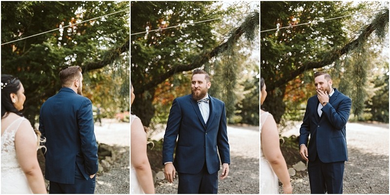 Premier snohomish & seattle wedding photographer | gsquared weddings photography a sequence of three photos shows a groom in a blue suit seeing his bride for the first time outdoors at a snohomish seattle wedding He looks surprised and emotional covering his mouth as the bride stands facing him | serving snohomish seattle                   & beyond