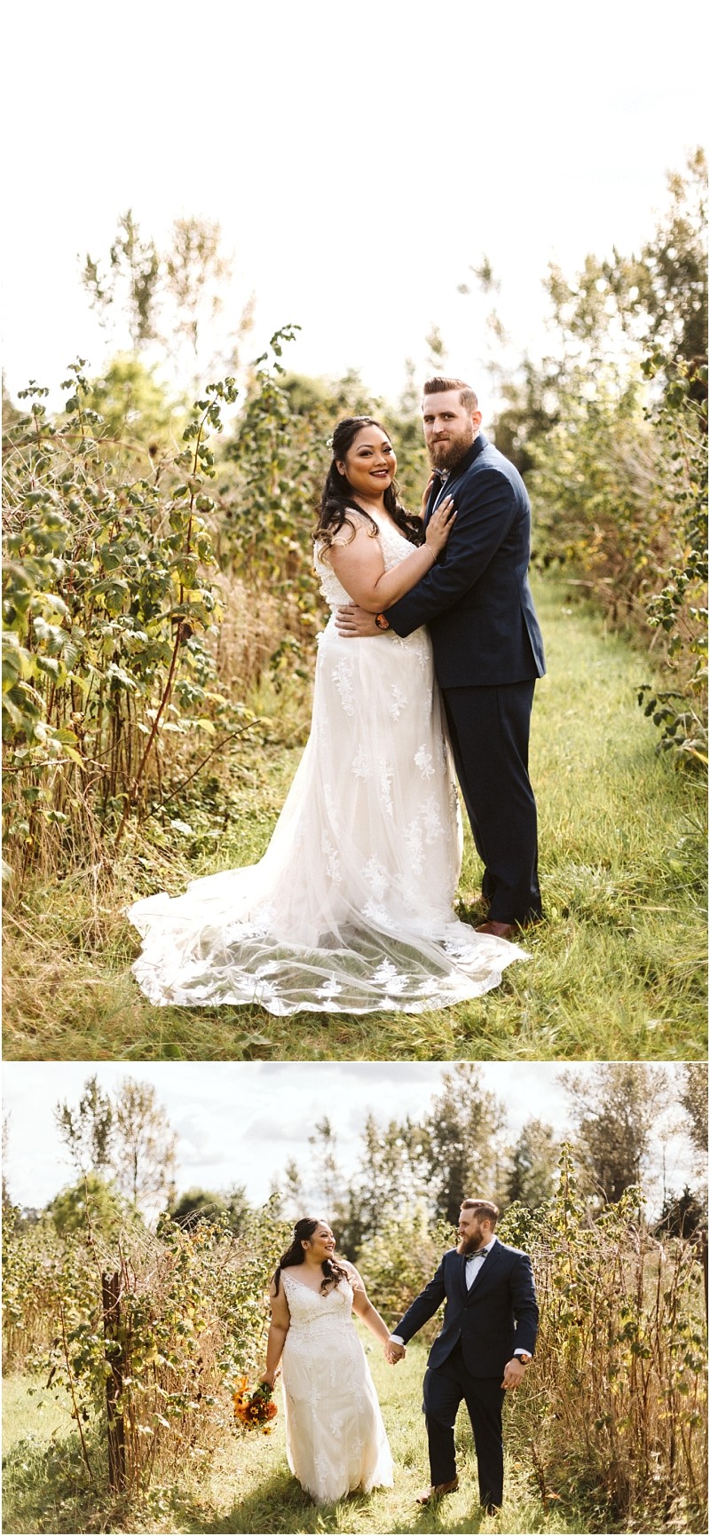 Premier snohomish & seattle wedding photographer | gsquared weddings photography a bride and groom in wedding attire embrace in a sunlit grassy field near snohomish In the second photo from their seattle wedding engagement session they walk hand in hand smiling while the bride holds a bouquet among tall plants | serving snohomish seattle                   & beyond