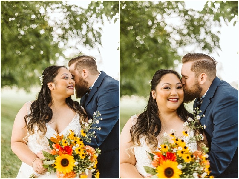 Premier snohomish & seattle wedding photographer | gsquared weddings photography two wedding photos side by side show a smiling bride holding a bouquet of sunflowers and wildflowers as the groom dressed in a blue suit lovingly kisses her cheek under a leafy tree at their romantic snohomish seattle wedding | serving snohomish seattle                   & beyond