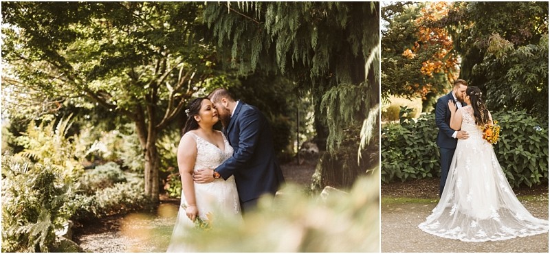 Premier snohomish & seattle wedding photographer | gsquared weddings photography a bride and groom share an intimate moment in a lush snohomish garden sunlight filtering through the trees The brides white gown and bouquet shine as the groom stands close capturing the romance of a seattle wedding engagement | serving snohomish seattle                   & beyond