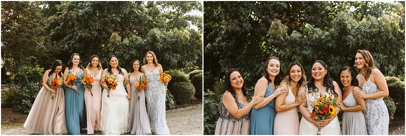 Premier snohomish & seattle wedding photographer | gsquared weddings photography two photos capture a snohomish bride in a white dress with orange flowers standing outdoors with five bridesmaids They all smile and pose together in front of lush green trees and bushes at this seattle wedding | serving snohomish seattle                   & beyond