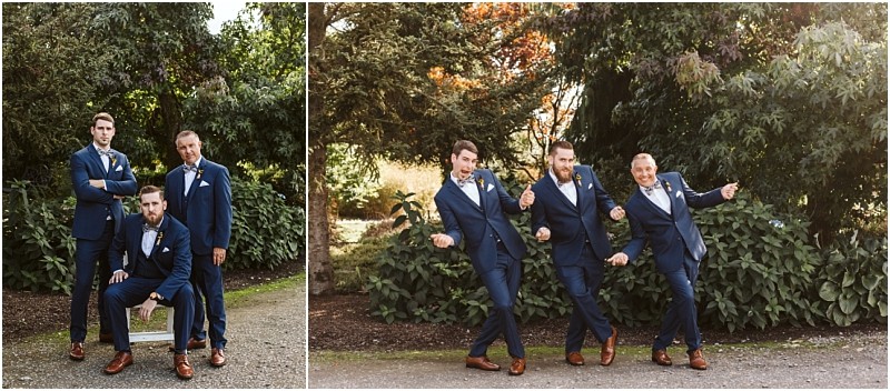 Premier snohomish & seattle wedding photographer | gsquared weddings photography two photos of three men in blue suits and brown shoes outdoors At this snohomish seattle wedding they first pose seriously then they strike playful poses smiling and pretending to dance in front of green foliage | serving snohomish seattle                   & beyond