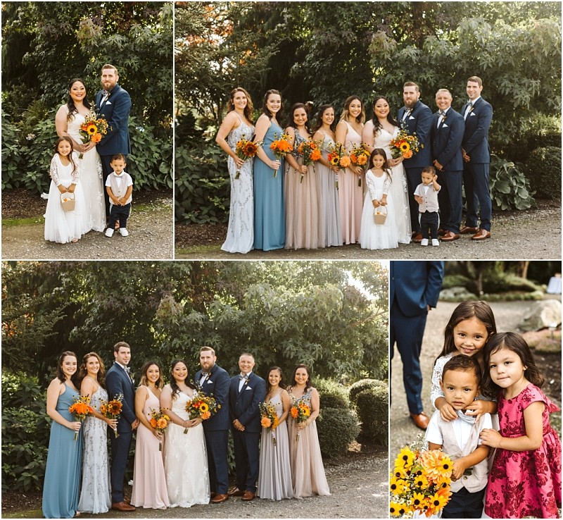 Premier snohomish & seattle wedding photographer | gsquared weddings photography a wedding party poses outdoors in snohomish bridesmaids in pastel dresses groomsmen in blue suits and joyful children surround the couple Sunflowers adorn the bouquets at this beautiful seattle area wedding engagement | serving snohomish seattle                   & beyond