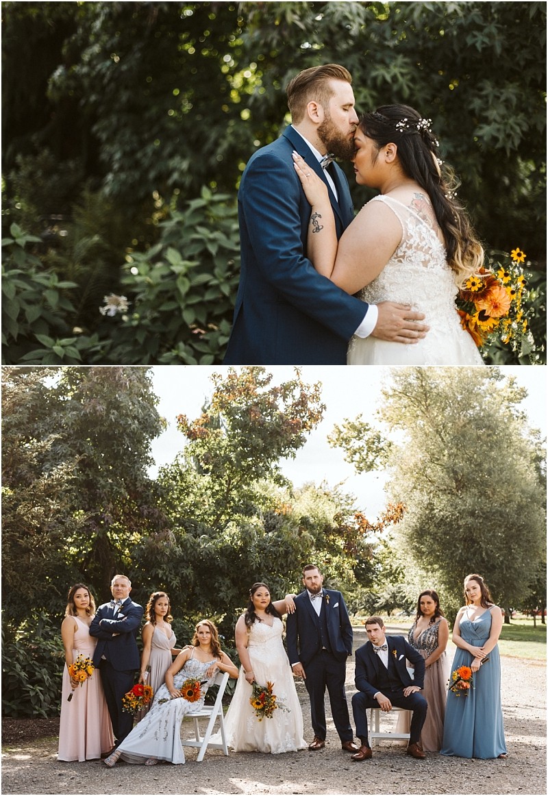 Premier snohomish & seattle wedding photographer | gsquared weddings photography top bride and groom embrace outdoors with lush greenery capturing a romantic snohomish seattle wedding moment Bottom the wedding party poses outside bridesmaids in pastel dresses groomsmen in suits bouquets and trees behind them | serving snohomish seattle                   & beyond