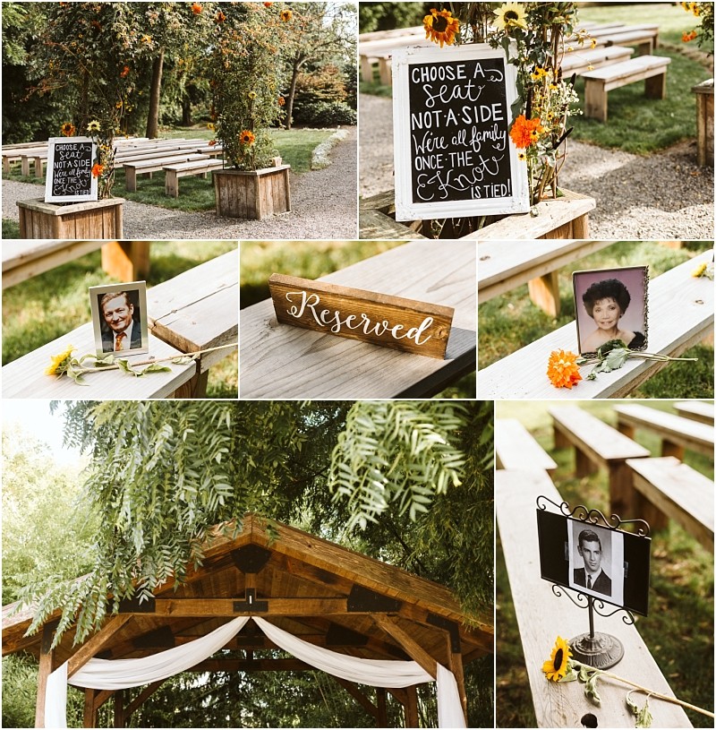 Premier snohomish & seattle wedding photographer | gsquared weddings photography rustic outdoor snohomish wedding setup with wooden benches sunflowers and a chalkboard sign Photos and a reserved sign adorn the benches while flowers and a wooden arbor with white fabric complete the seattle engagement vibe | serving snohomish seattle                   & beyond
