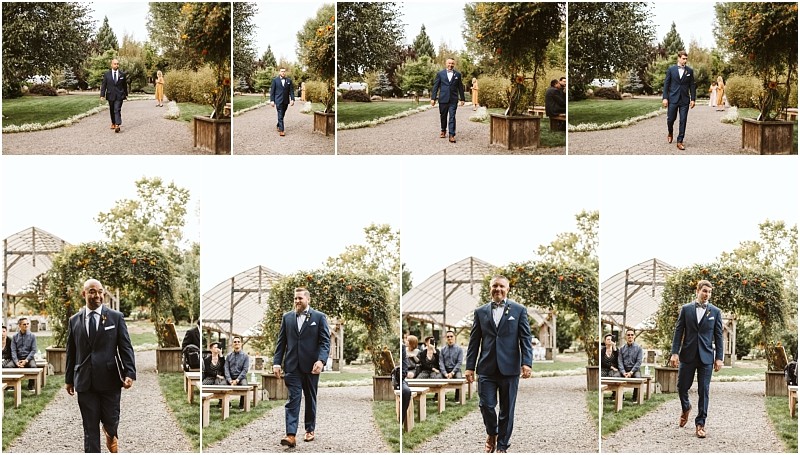 Premier snohomish & seattle wedding photographer | gsquared weddings photography a collage of eight photos shows groomsmen in suits walking down an outdoor aisle at a snohomish garden wedding venue surrounded by lush greenery benches and guestsa picture perfect seattle wedding moment | serving snohomish seattle                   & beyond