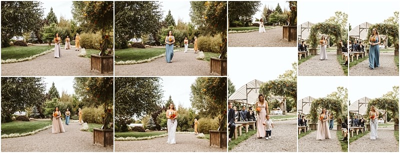 Premier snohomish & seattle wedding photographer | gsquared weddings photography a collage of snohomish wedding photos shows bridesmaids walking down an outdoor aisle each holding bouquets and wearing different dresses with lush greenery guests and a wooden bench in the background | serving snohomish seattle                   & beyond