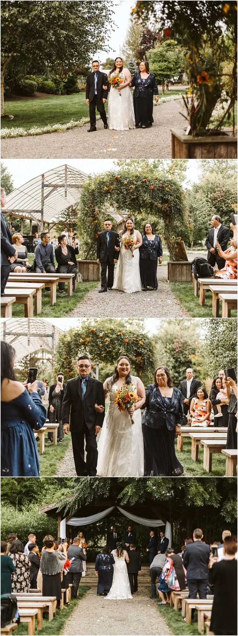 Premier Snohomish Seattle Wedding Photographer | GSquared Weddings Photography A bride in a white dress walks down an outdoor aisle at a Snohomish wedding between rows of seated guests accompanied by two people under greenery and a flowerdecorated arch | Serving Snohomish Seattle Beyond
