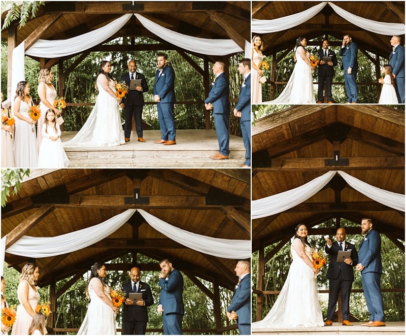 Premier snohomish & seattle wedding photographer | gsquared weddings photography a collage of snohomish wedding ceremony photos on an outdoor wooden stage with white drapery The bride in a white gown and the groom in a blue suit stand with their wedding party and officiant under a wooden pavilion | serving snohomish seattle                   & beyond