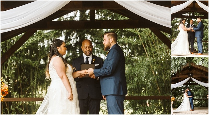 Premier snohomish & seattle wedding photographer | gsquared weddings photography a bride and groom stand together at an outdoor snohomish wedding ceremony under a wooden gazebo with white drapery holding hands and exchanging vows with an officiant present | serving snohomish seattle                   & beyond