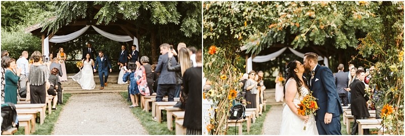 Premier snohomish & seattle wedding photographer | gsquared weddings photography two photos of a snohomish outdoor wedding in the first a bride and groom walk down the aisle as guests look on in the second they kiss under an archway surrounded by autumn flowers and greenery | serving snohomish seattle                   & beyond