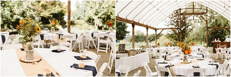 Premier snohomish & seattle wedding photographer | gsquared weddings photography a rustic snohomish wedding reception setup with white tables and chairs beige table runners mason jar flower centerpieces and navy napkins under a transparent tent surrounded by lush seattle greenery | serving snohomish seattle                   & beyond