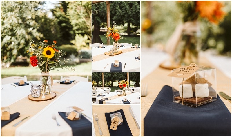 Premier snohomish & seattle wedding photographer | gsquared weddings photography collage of outdoor table settings at a snohomish seattle wedding with white cloths and beige runners mason jars of vibrant flowers small lanterns and smores party favors on navy napkins all surrounded by lush greenery | serving snohomish seattle                   & beyond