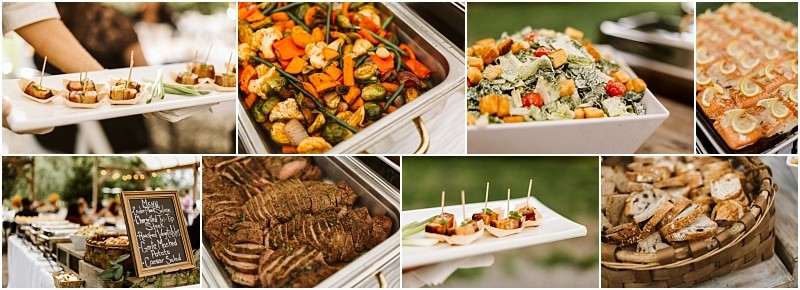 Premier snohomish & seattle wedding photographer | gsquared weddings photography a collage shows assorted catered food at a snohomish seattle wedding trays of roasted vegetables salad meat crostini bread and appetizers A chalkboard menu and outdoor buffet setup are visible in the background | serving snohomish seattle                   & beyond