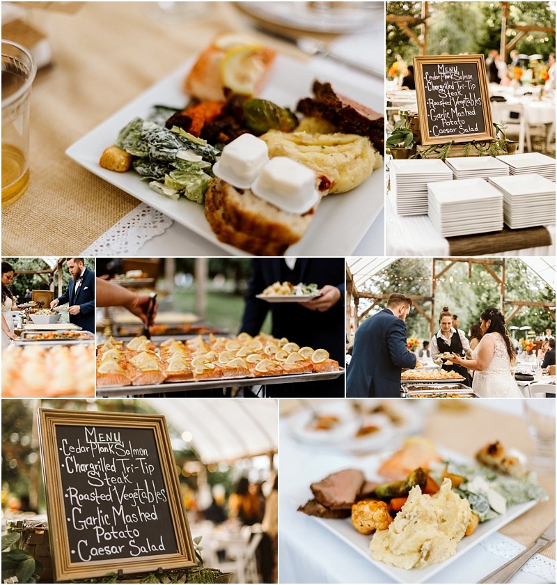 Premier snohomish & seattle wedding photographer | gsquared weddings photography a collage of snohomish wedding buffet images featuring plates of steak salmon vegetables mashed potatoes caesar salad serving platters guests in line and a chalkboard menu with the meal options | serving snohomish seattle                   & beyond