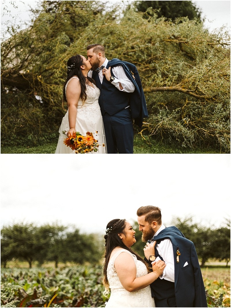 Premier snohomish & seattle wedding photographer | gsquared weddings photography a bride and groom share a joyful intimate moment outdoors In the first image they kiss as the bride holds sunflowers in the second they smile at each other amid lush greenerya perfect snohomish seattle wedding engagement scene | serving snohomish seattle                   & beyond