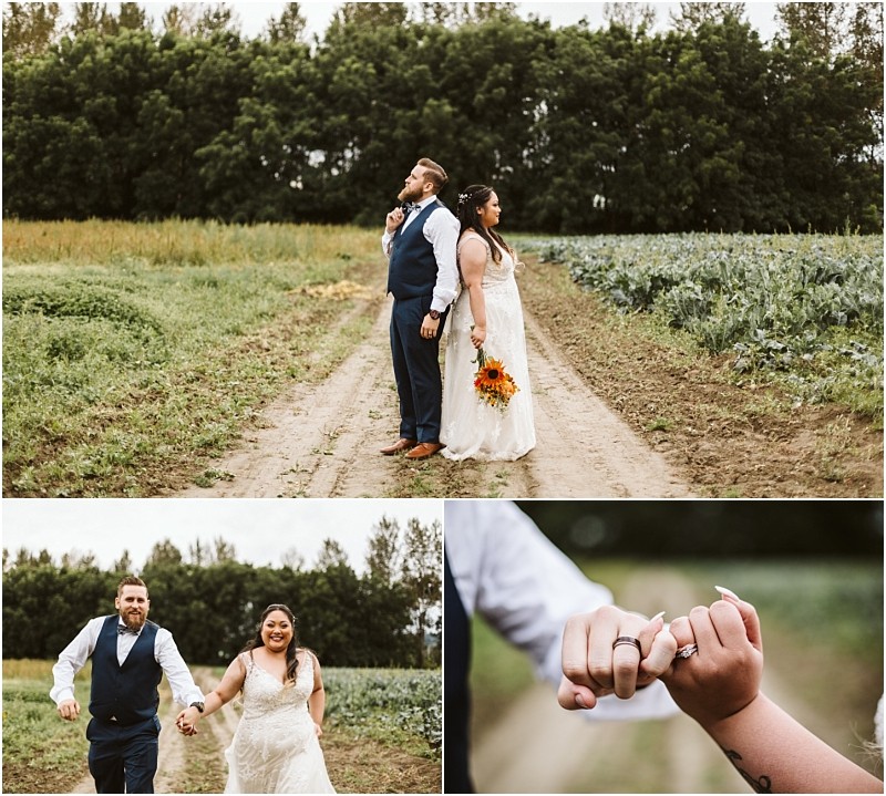 Premier snohomish & seattle wedding photographer | gsquared weddings photography a snohomish seattle wedding engagement unfolds as a bride and groom walk hand in hand through a field of greenery The bride holds a sunflower bouquet and a close up highlights her sparkling engagement ring as they share a joyful moment together | serving snohomish seattle                   & beyond