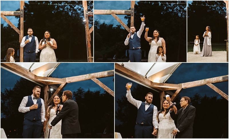Premier snohomish & seattle wedding photographer | gsquared weddings photography a collage of five snohomish wedding reception photos shows a bride and groom giving toasts raising drinks and celebrating with guests under a wooden pavilion at dusk with trees in the background | serving snohomish seattle                   & beyond