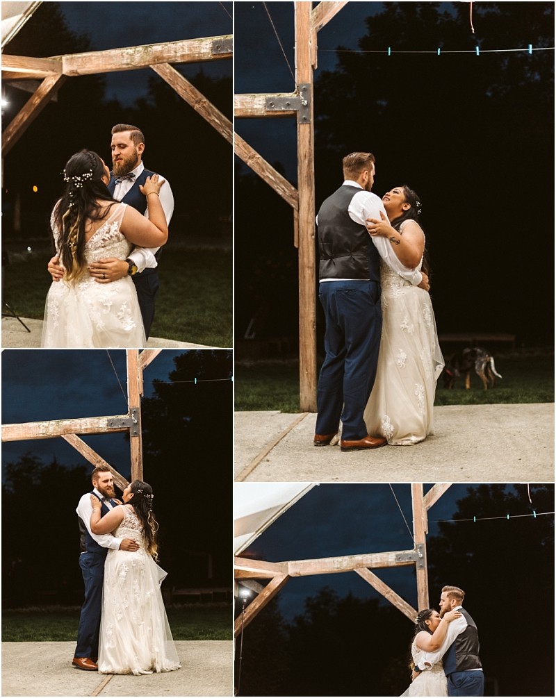 Premier snohomish & seattle wedding photographer | gsquared weddings photography a bride and groom share their first dance outdoors at night under a wooden pavilion smiling and holding each other close with trees and string lights in the background at a romantic snohomish wedding | serving snohomish seattle                   & beyond