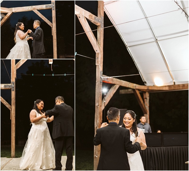 Premier snohomish & seattle wedding photographer | gsquared weddings photography a bride in a white gown and a man in a suit share a dance together under a pavilion at night smiling and holding hands during what appears to be a romantic snohomish wedding celebration | serving snohomish seattle                   & beyond