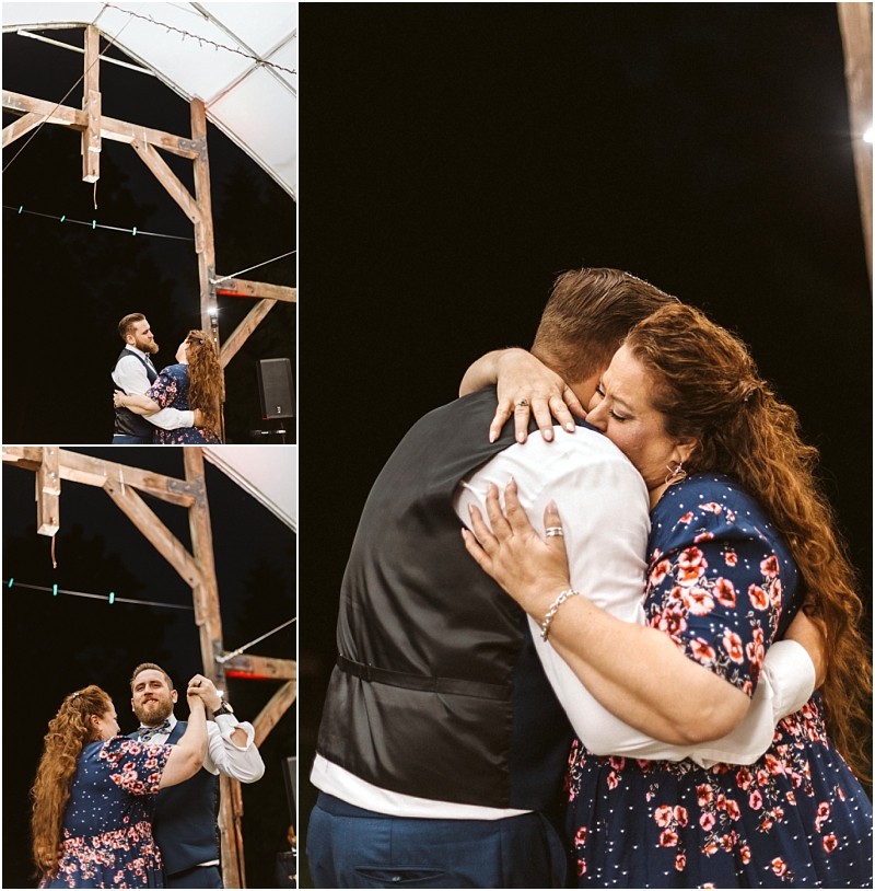 Premier snohomish & seattle wedding photographer | gsquared weddings photography a man in a suit and a woman in a blue floral dress share a heartfelt dance together under a wooden outdoor structure at night embracing closely and smiling during their romantic snohomish seattle wedding | serving snohomish seattle                   & beyond