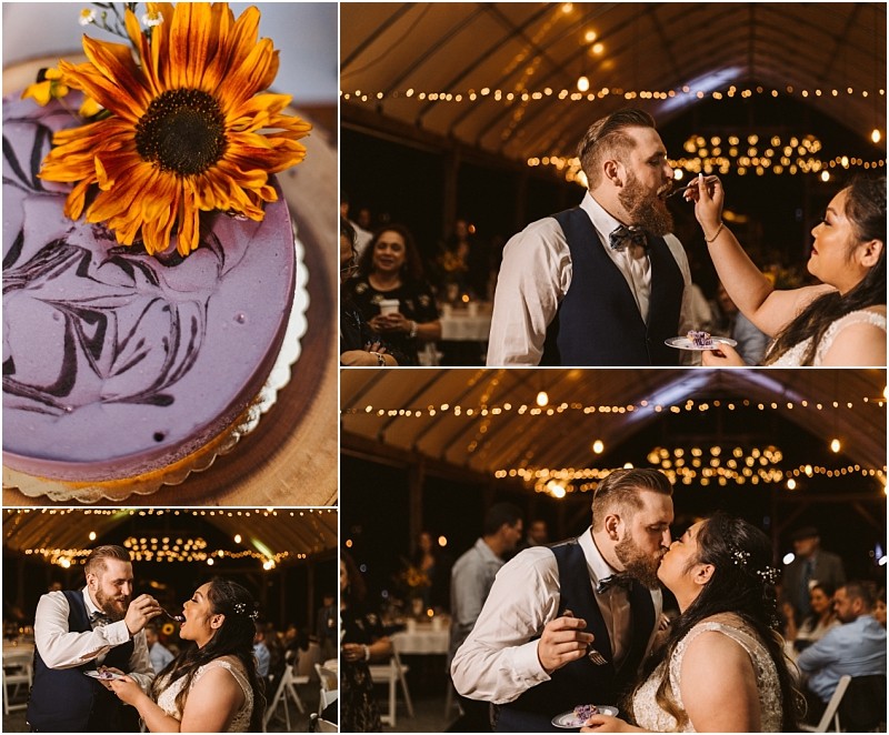 Premier snohomish & seattle wedding photographer | gsquared weddings photography at their snohomish wedding a couple shares cake and a kiss in a warmly lit venue The purple cake with a sunflower on top delights guests as the couple feeds each other and celebrates their seattle engagement | serving snohomish seattle                   & beyond