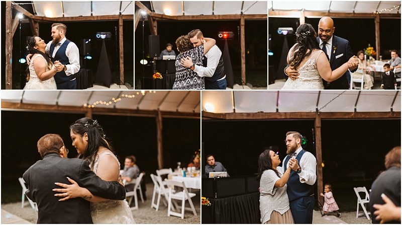 Premier snohomish & seattle wedding photographer | gsquared weddings photography a collage of wedding reception photos in snohomish near seattle shows a bride and groom dancing together sharing joyful moments with guests on the dance floor under string lights Guests are seated at tables in the background | serving snohomish seattle                   & beyond
