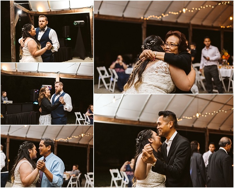 Premier snohomish & seattle wedding photographer | gsquared weddings photography a collage of five photos shows people dancing at a snohomish wedding reception under string lights including the bride with different partners and other guests dancing and smiling in a festive atmosphere | serving snohomish seattle                   & beyond